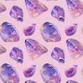 Seamless pattern watercolor mineral purple quartz on pink background. Hand drawn gemstone for meditation, office