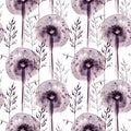 seamless pattern with watercolor monochrome silhouette herbs, sketch of blow boll, grass, dandelion, abstract meadow Royalty Free Stock Photo