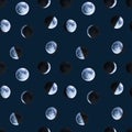Seamless pattern of watercolor moon phases. Hand drawn illustration isolated on dark. Painted Earth satellite