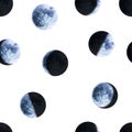 Seamless pattern of watercolor moon phases. Hand drawn illustration isolated on white. Painted Earth satellite