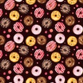 Seamless pattern with watercolor multicolored donuts isolated on dark background Royalty Free Stock Photo