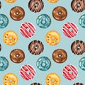 Seamless pattern with watercolor multicolored donuts isolated on turquoise background. Hand drawn watercolor illustration Royalty Free Stock Photo