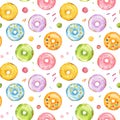 Seamless pattern with watercolor multicolored donuts isolated on white background Royalty Free Stock Photo