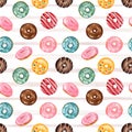 Seamless pattern with watercolor multicolored donuts on striped background Royalty Free Stock Photo