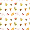 Seamless pattern with watercolor mushroom, leaves, rowan, acorn, apple, rosehip, cone. Illustration isolated on white. Hand drawn Royalty Free Stock Photo