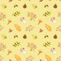 Seamless pattern with watercolor mushrooms, leaves, rowan, acorn, rosehip, cone. Illustration isolated. Hand drawn autumn items Royalty Free Stock Photo