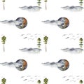 Seamless pattern with watercolor nature views, clouds, moon and pine trees