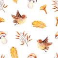 Seamless Pattern With Watercolor Oak Leaves, Sprigs, Mushrooms, Bird. Illustration Isolated On White. Hand Drawn Autumn Items