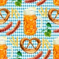 Seamless pattern watercolor Octoberfest beer collection. Classical Octoberfest beer mug with draft beer and snacks -