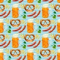 Seamless pattern watercolor Octoberfest beer collection. Classical Octoberfest beer mug with draft beer and snacks -