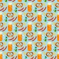 Seamless pattern watercolor Octoberfest beer collection. Classical Octoberfest beer mug with draft beer and snacks -