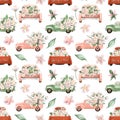 Seamless pattern of watercolor old trucks with apple tree flowers Royalty Free Stock Photo