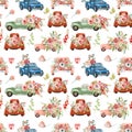 Seamless pattern of watercolor old trucks with red flowers and greenery Royalty Free Stock Photo
