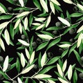 Seamless pattern with watercolor olives on a dark background. leaves, branches and fruits of olive on a black background. design f