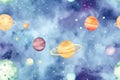 Seamless pattern of watercolor outer cosmos space with different planet Royalty Free Stock Photo