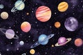 Seamless pattern of watercolor outer cosmos space with different planet Royalty Free Stock Photo