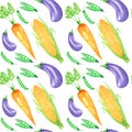 Seamless pattern Watercolor painted collection of orange vegetables corn, carrot, peas, eggplant. Hand drawn fresh vegan