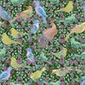 Seamless pattern with watercolor painted different birds on a blue background.