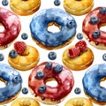 Seamless pattern of watercolor-painted donuts with blueberries and raspberries. AI generated Royalty Free Stock Photo