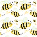 Seamless pattern Watercolor painted Funny bright cartoon insects collection. bee, bumblebee, with text on withe Royalty Free Stock Photo