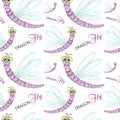 Seamless pattern Watercolor painted Funny bright cartoon insects collection. Dragonfly on withe background. Beautiful