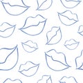 Seamless pattern with watercolor painted lips. Transparent blue elements on a white background