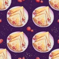 Seamless pattern with watercolor pancakes on a plate