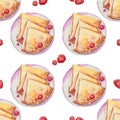 Seamless pattern with watercolor pancakes on a plate