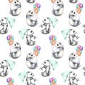 Seamless pattern with watercolor pandas with air baloons and umbrella