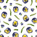 Seamless pattern with watercolor pansies. Hand drawn illustration is isolated on white. Floral template with flowers is perfect