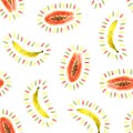 Seamless pattern of watercolor papaya, bananas, colorful brush strokes. Isolated illustration on white. Hand painted fruits