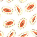 Seamless pattern of watercolor papaya, colorful brush strokes. Isolated bright illustration on white. Hand painted fruits