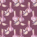 Seamless pattern watercolor peeled garlic on purple background. Hand-drawn clove spicy condiment seasoning vegetable for