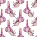 Seamless pattern watercolor peeled garlic on white background. Hand-drawn clove spicy condiment seasoning vegetable for