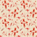 Seamless pattern of watercolor `Pentecost`: red elements of the cross, dove, twigs, fire