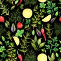 Seamless pattern with watercolor pepper, herbs, lemon