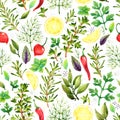Seamless pattern with watercolor pepper, herbs, lemon