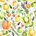 Seamless pattern with watercolor pepper, herbs, tomato Royalty Free Stock Photo