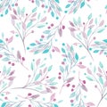 Seamless pattern with the watercolor pink, mint and purple leaves and branches on a white background