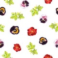 Seamless pattern with watercolor pink, purple, red violets and leaves