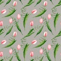 Seamless pattern with watercolor pink tulips and pistache branches. Hand drawn illustration is on grey. Spring flowers