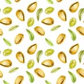 Seamless pattern with watercolor pistachios elements