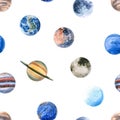 Seamless pattern of watercolor planets and Moon. Hand drawn illustration is isolated on white. Painted solar system Royalty Free Stock Photo