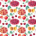 Seamless pattern watercolor plate with cherry, apricot, seed, green leaves on white background. Hand-drawn sweet red Royalty Free Stock Photo
