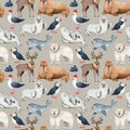 Seamless pattern with watercolor polar animals on beige background