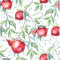 Seamless pattern with watercolor pomegranates (garnets)