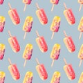 Seamless pattern with watercolor popsicles on a stick. Hand painted sweet summer dessert background Royalty Free Stock Photo