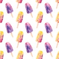 Seamless pattern with watercolor popsicles on a stick. Hand painted sweet summer dessert background Royalty Free Stock Photo