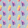 Seamless pattern with watercolor popsicles on a stick. Hand painted sweet summer dessert background Royalty Free Stock Photo