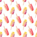 Seamless pattern with watercolor popsicles on a stick. Hand painted sweet summer dessert background Royalty Free Stock Photo